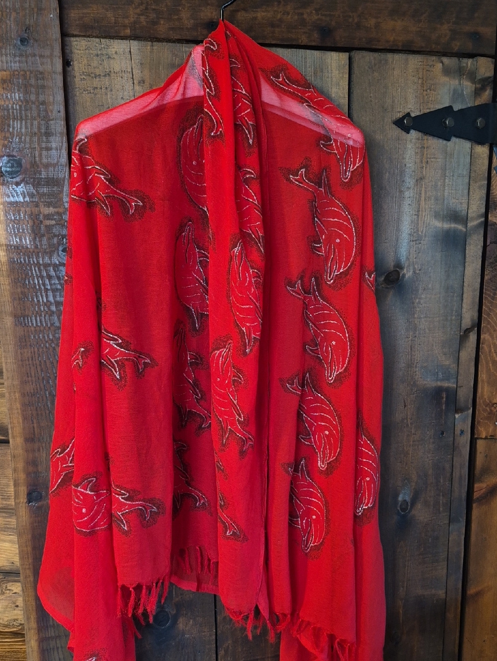 Red Dolphin Embroidered Scarf Wrap
